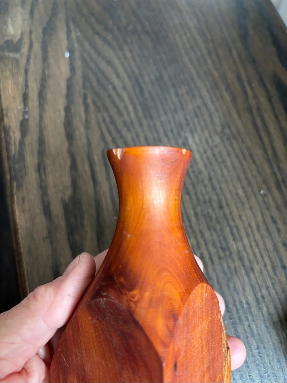 Vintage 1991 hand turned live-edge wood vase, narrow top,signed, 5x2.5”